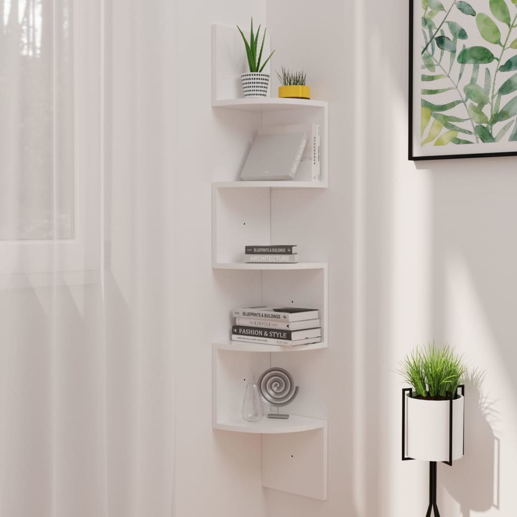 Wall Corner Shelf High Gloss White 7.5"x7.5"x48.4" Engineered Wood