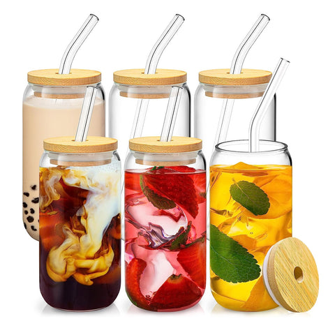 6Pcs 16OZ Mason Jar Cups with Bamboo Lids ,Glass Straws & Cleaning Brush