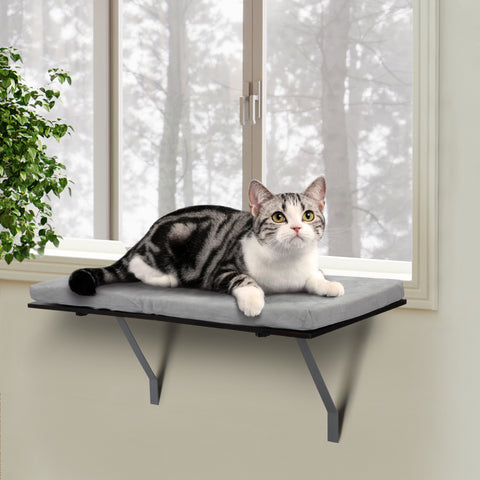 Cat Perch Window Mounted Shelf Bed with Velvet Cushion, Black Gray