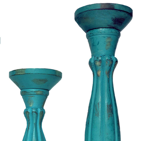 Handmade Wooden Candle Holder with Pillar Base Support, Turquoise Blue, Set of 3