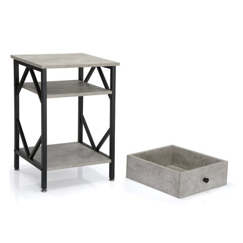 Set of 2 Nightstand /Industrial End Table with Drawer;  Metal Frame