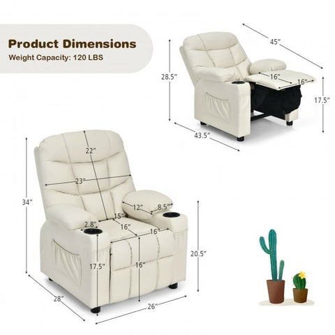 PU Leather Kids Recliner Chair with Cup Holders and Side Pockets