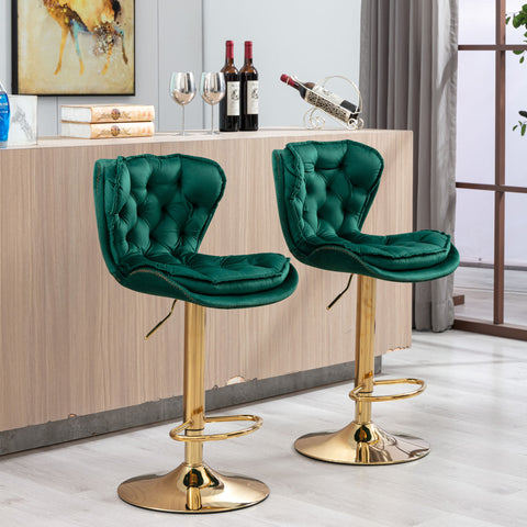 Set of 2 Bar Stools,with Chrome Footrest and Base Swivel Height Adjustable Mechanical Lifting Velvet + Golden Leg Simple Bar Stool-Green