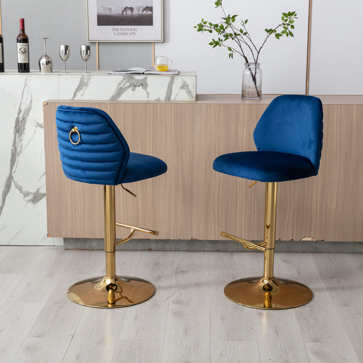 Swivel Bar Stools Chair Set of 2 Modern Adjustable Counter Height Bar Stools, Velvet Upholstered Stool with Tufted High Back & Ring Pull for Kitchen , Chrome Golden Base,Blue