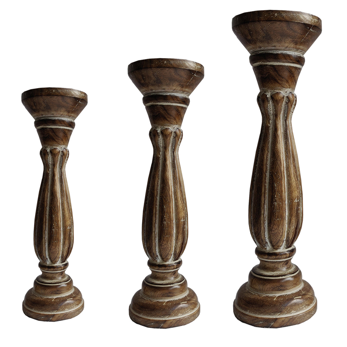 Handmade Wooden Candle Holder with Pillar Base Support, Distressed Brown, Set of 3