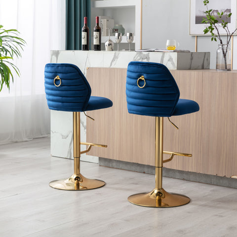 Swivel Bar Stools Chair Set of 2 Modern Adjustable Counter Height Bar Stools, Velvet Upholstered Stool with Tufted High Back & Ring Pull for Kitchen , Chrome Golden Base,Blue