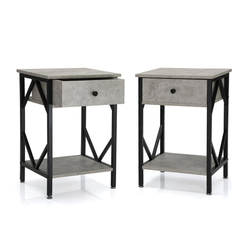 Set of 2 Nightstand /Industrial End Table with Drawer;  Metal Frame