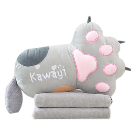 Cat Paw Plush Decorative Throw Pillow with Blanket ; Gray