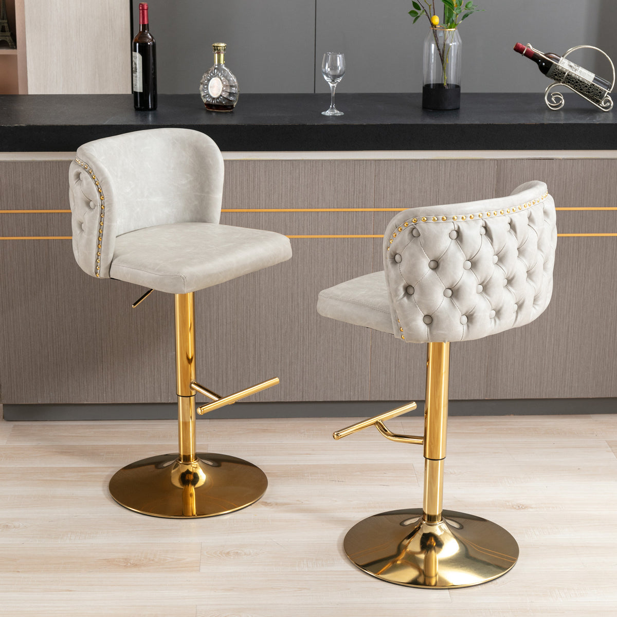 Modern PU Upholstered Swivel Bar Stools With Adjustable Seat Height And tufted Back. (Beige, Set of 2)