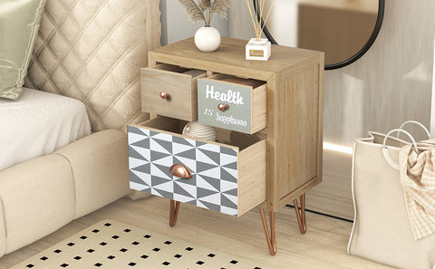 Wooden Nightstand with Three Drawers and Metal Feet Modern Style Bedside Table (Natural)