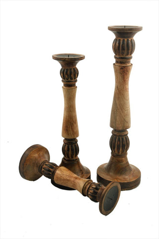 Benzara Mango Wood Vintage Style Candleholder/Candlestick, Set of 3, Brown