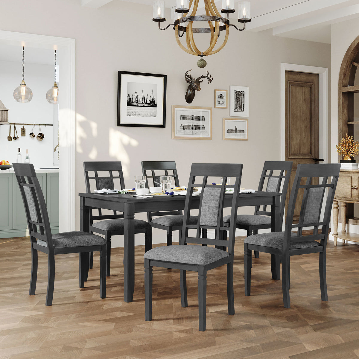 7-Piece Farmhouse Rustic Wooden Dining Table Set  with 6 Padded Dining Chairs