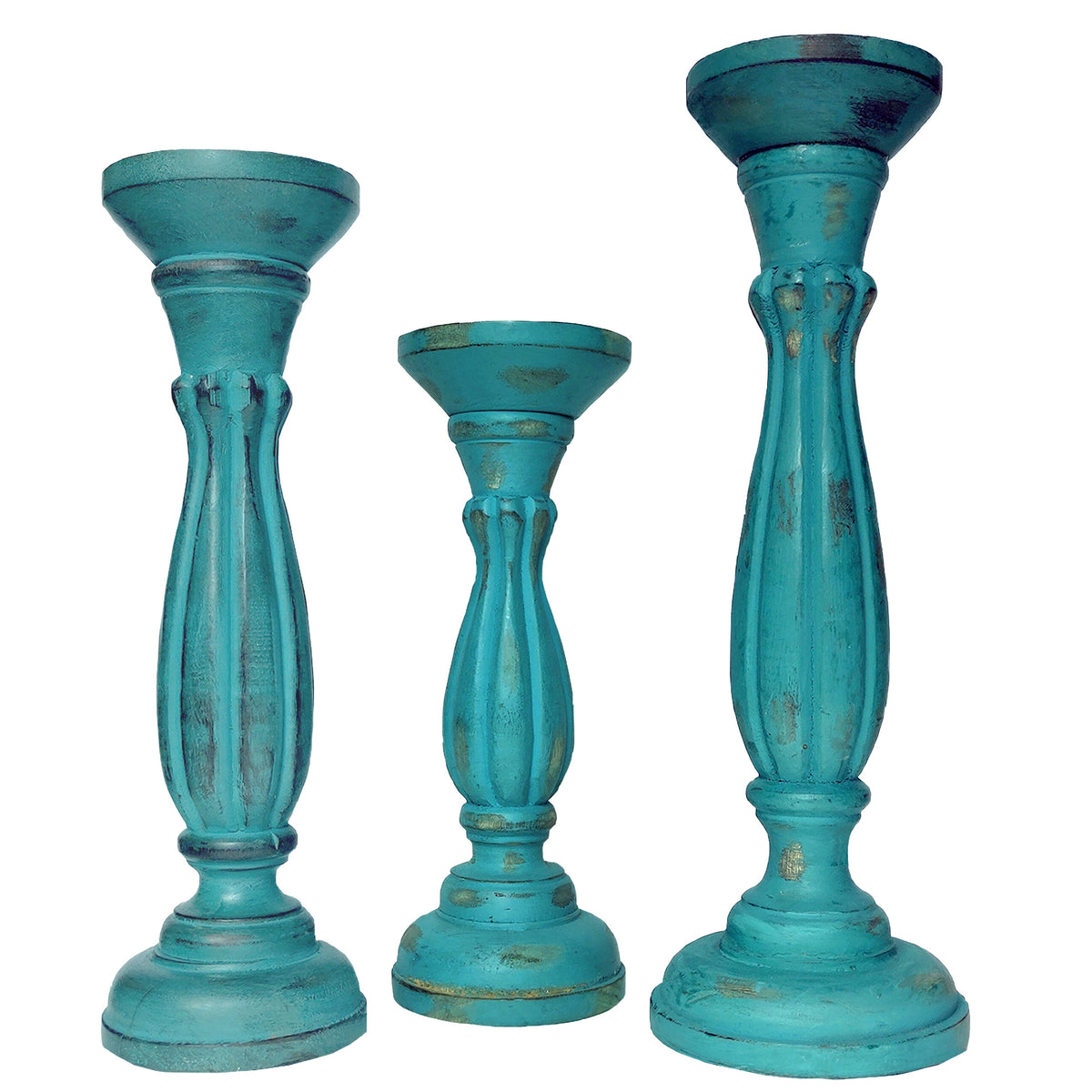 Handmade Wooden Candle Holder with Pillar Base Support, Turquoise Blue, Set of 3