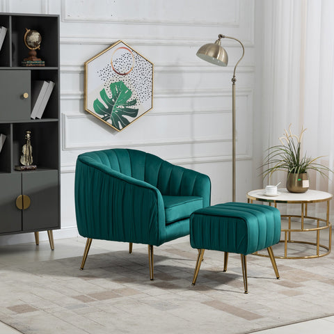 Modern Tufted Barrel Chair With  Ottoman Set , Golden Finished; Green.