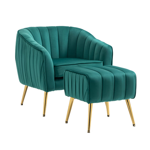 Modern Tufted Barrel Chair With  Ottoman Set , Golden Finished; Green.