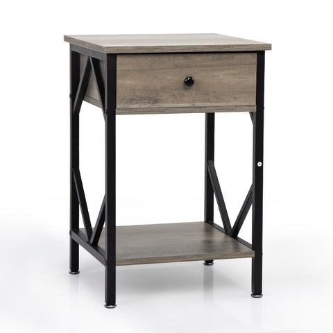 Set of 2 Nightstand /Industrial End Table with Drawer;  Metal Frame