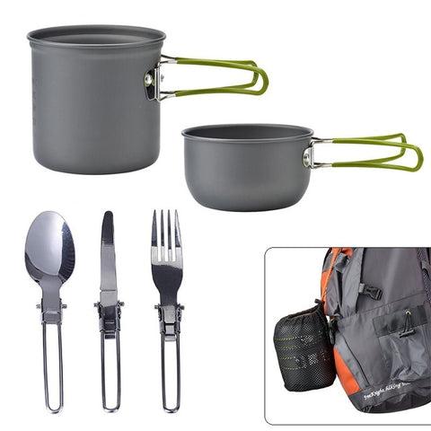 5Pcs Camping Cookware  Kit with Lightweight Aluminum Pot, Utensils  And Carry Mesh bag.