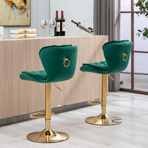 Set of 2 Bar Stools,with Chrome Footrest and Base Swivel Height Adjustable Mechanical Lifting Velvet + Golden Leg Simple Bar Stool-Green