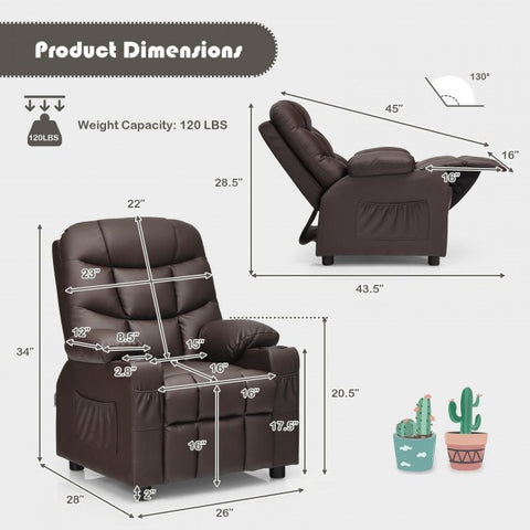 PU Leather Kids Recliner Chair with Cup Holders and Side Pockets