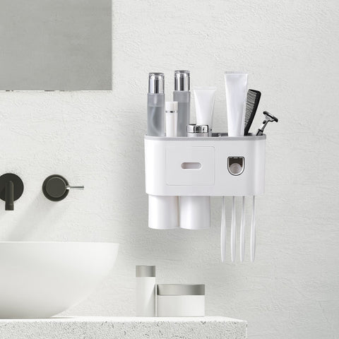 Wall mount toothbrush holder, organizer, toothpaste dispenser