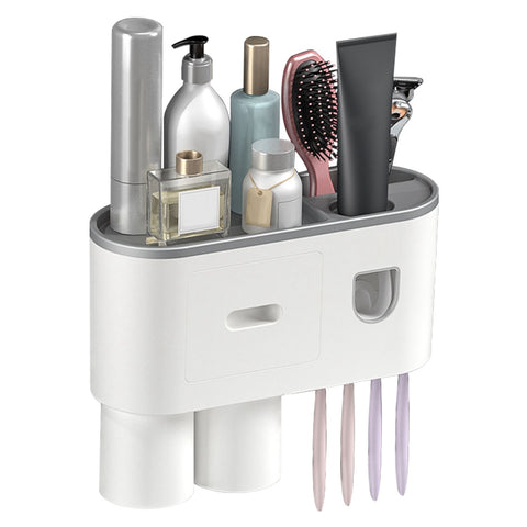 Wall mount toothbrush holder, organizer, toothpaste dispenser