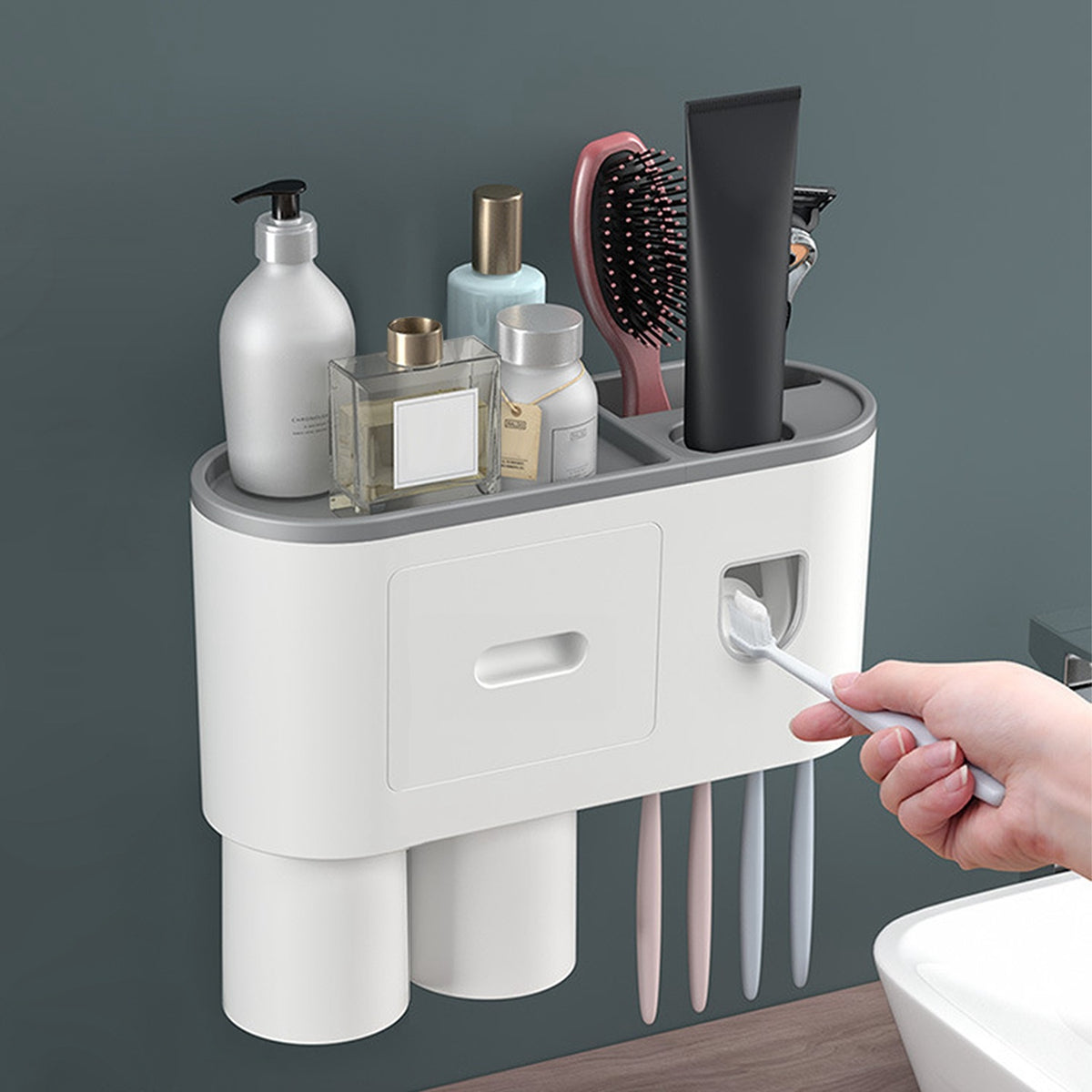 Wall mount toothbrush holder, organizer, toothpaste dispenser