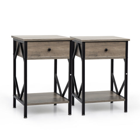 Set of 2 Nightstand /Industrial End Table with Drawer;  Metal Frame