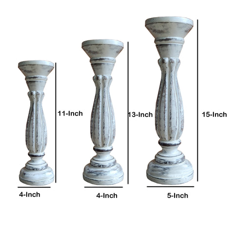 Handmade Wooden Candle Holder with Pillar Base Support, Distressed White, Set of 3