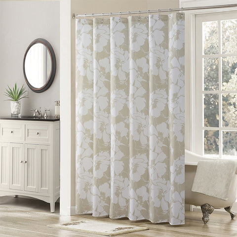 White/Beige Large Print Shower Curtain, Waterproof And Anti-Mold