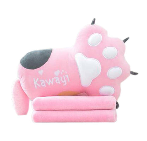 Cat Paw Plush Decorative Throw Pillow with Blanket; Pink