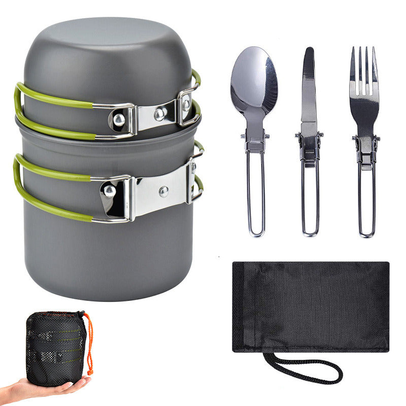 5Pcs Camping Cookware  Kit with Lightweight Aluminum Pot, Utensils  And Carry Mesh bag.